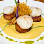 Golden Saffron-Butter Scallops atop Silky Sunchoke Purée